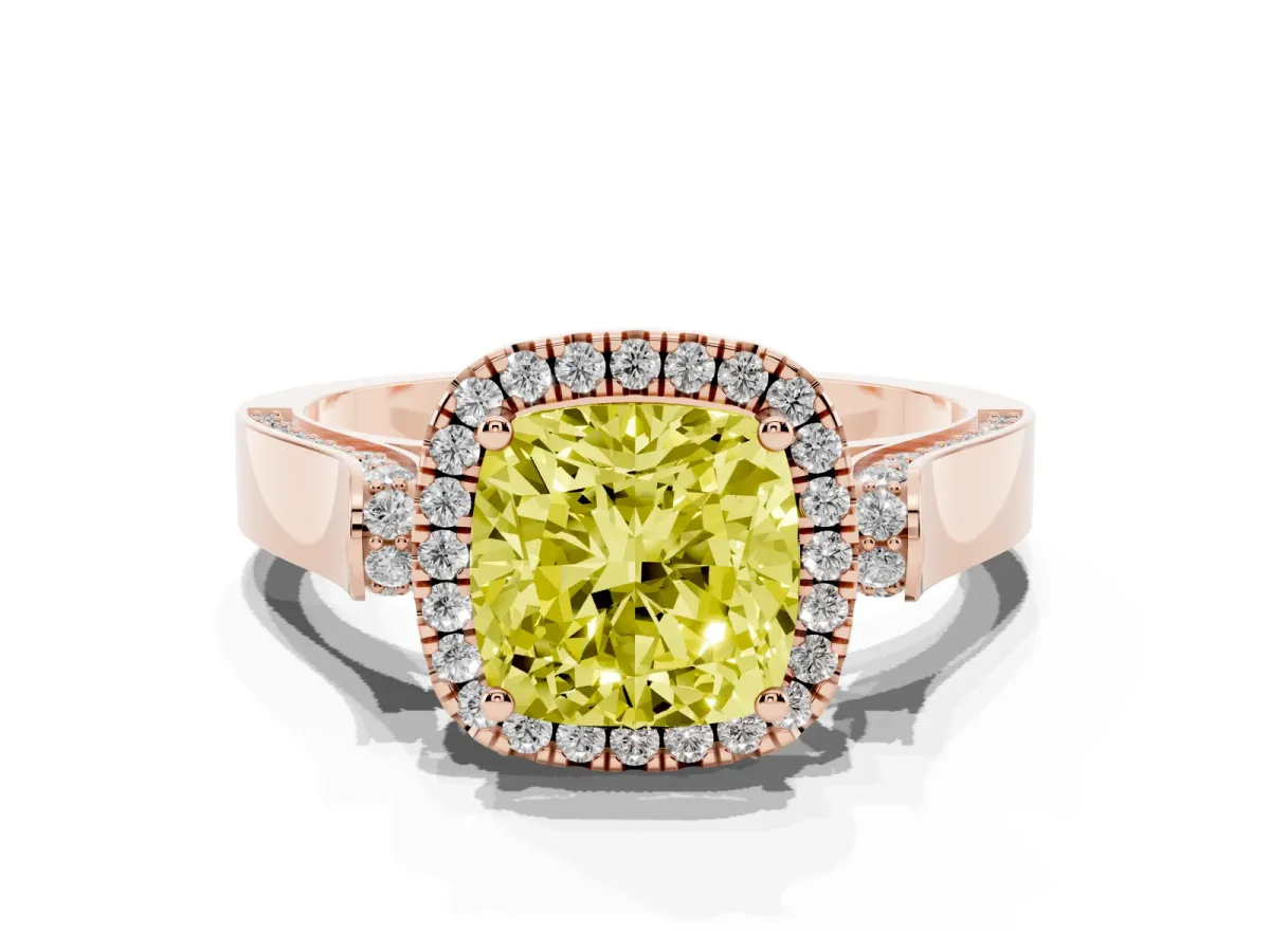 Fancy Yellow Cushion Cut Halo Pave Split Shank Prong Setting Ring Rose gold