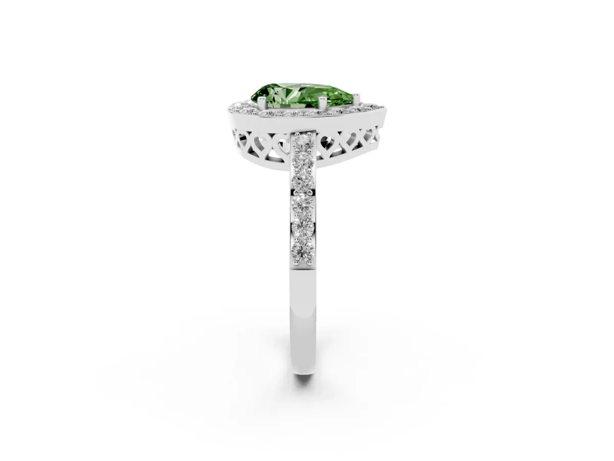Fancy Green Pear Cut Halo Diamond Pavé Band Ring with Prong Setting Silver
