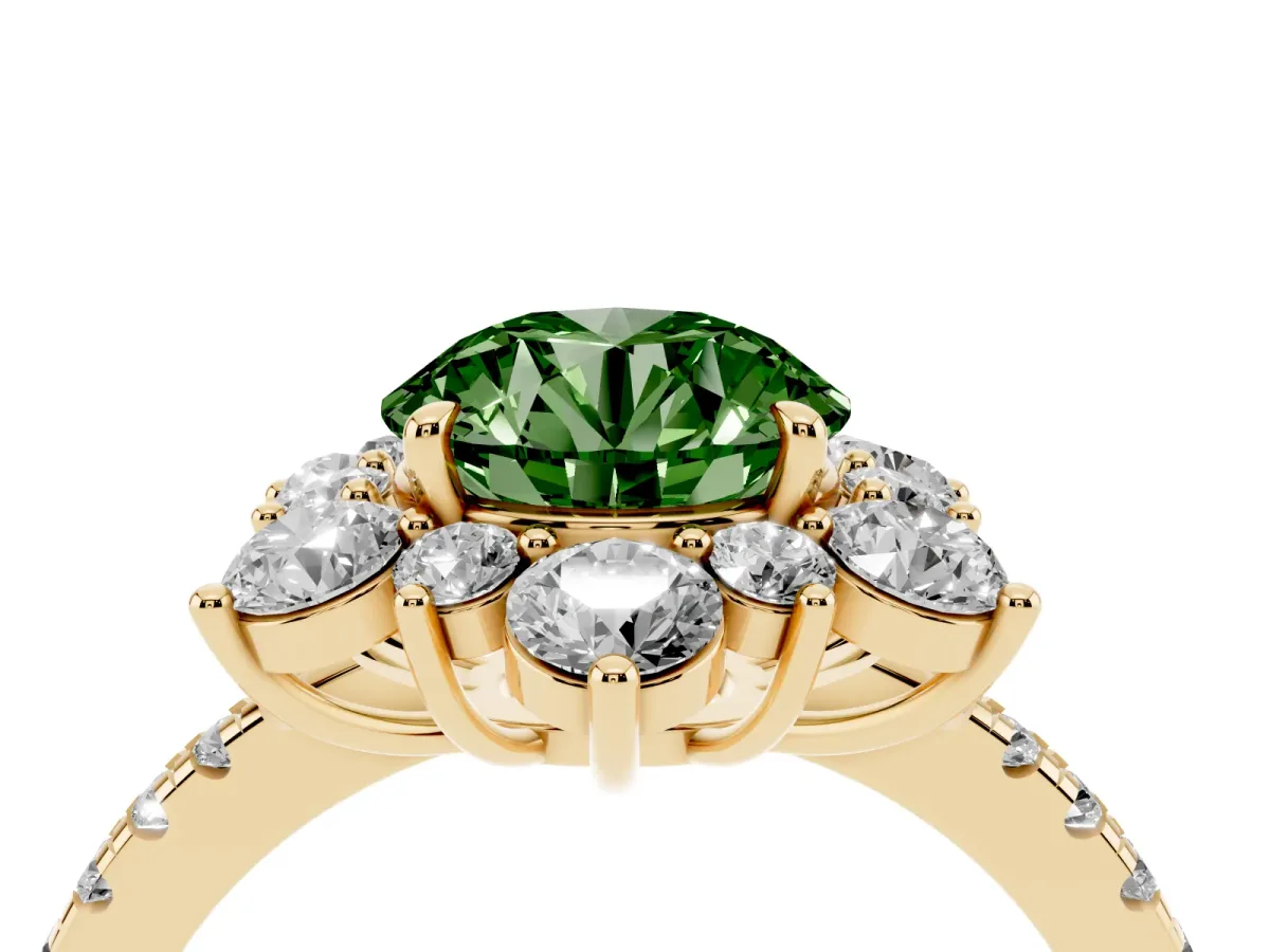Fancy Green Round Cut Diamond Floral Halo Ring with Round Pavé Band and Prong Setting Yellow gold