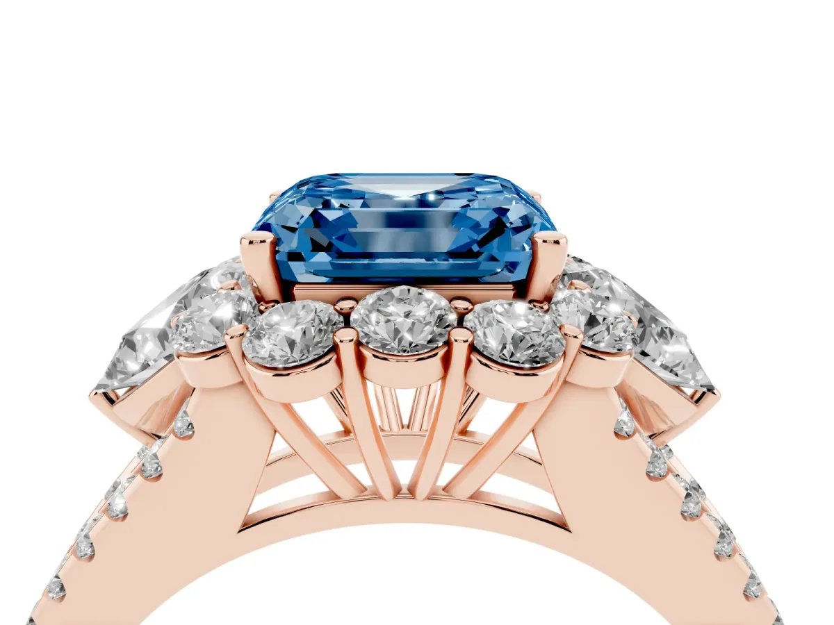 Fancy Blue Asscher Cut Halo Split Shank Diamond Engagement Ring with Prong Setting Rose gold