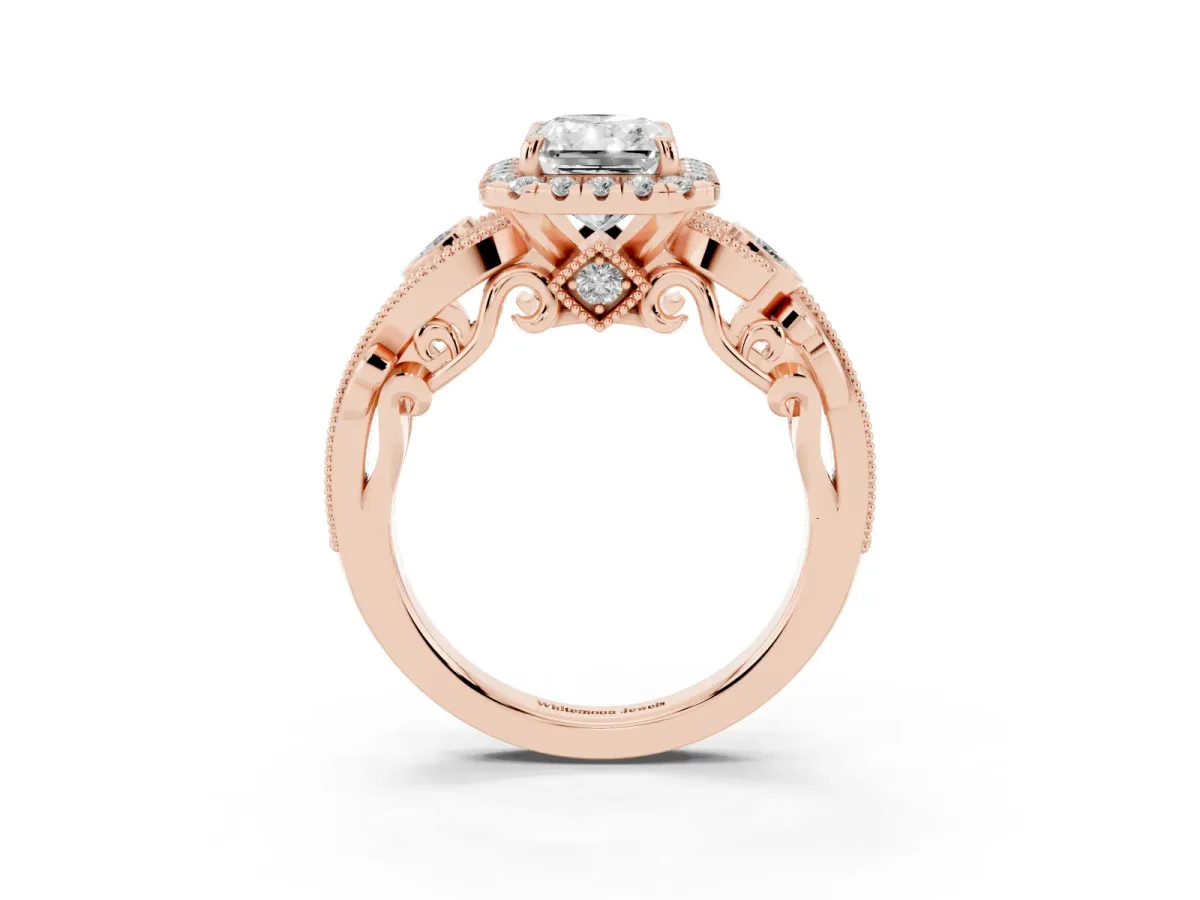 Radiant Cut Halo Diamond Ring with Milgrain and Bezel Accents on a Split Shank Band Rose gold