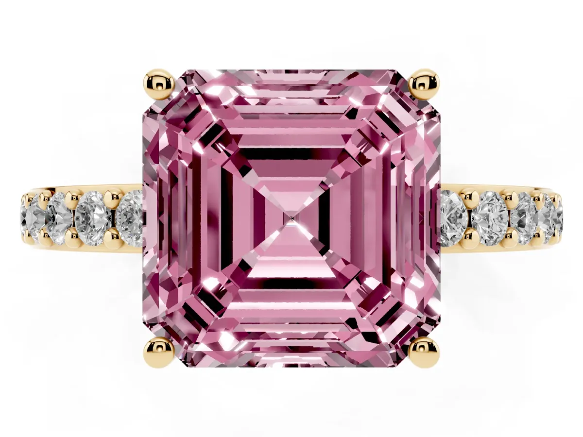 Fancy Pink Asscher Cut Cut Diamond Solitaire with Pave Band and Four-Prong Setting Yellow gold