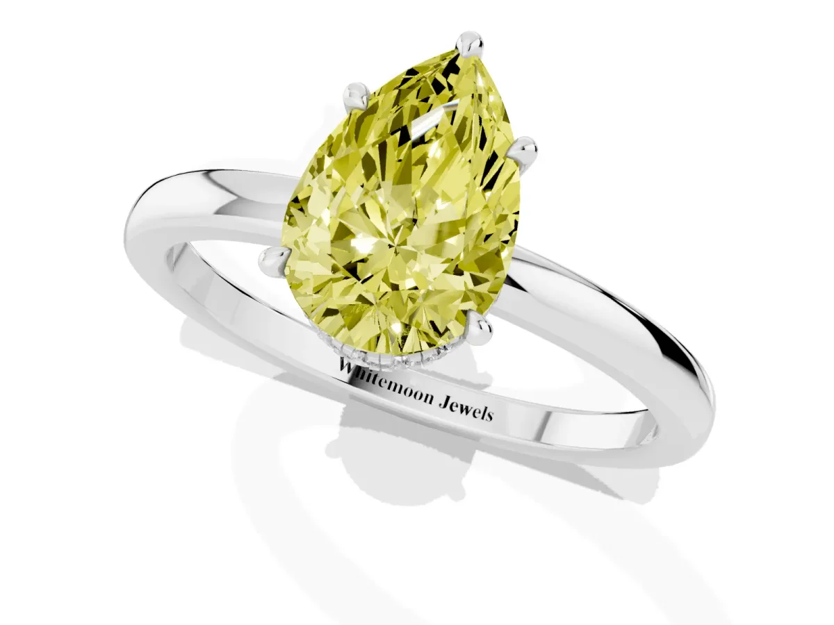 Fancy Yellow Pear Cut Solitaire Engagement Ring with Cathedral Band and Four-Prong Setting Silver