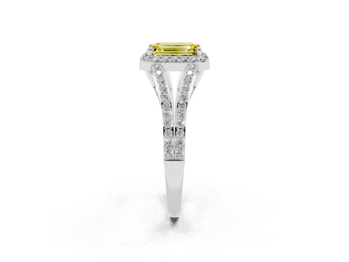 Fancy Yellow Emerald Cut Halo Split Shank Diamond Ring with Prong Setting Platinum