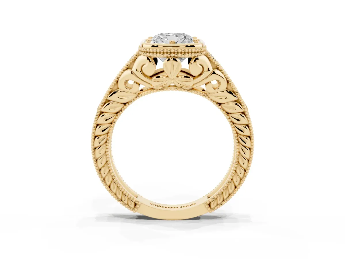 Bezel Set Cushion Cut Diamond Milgrain Pave Engagement Ring Yellow gold