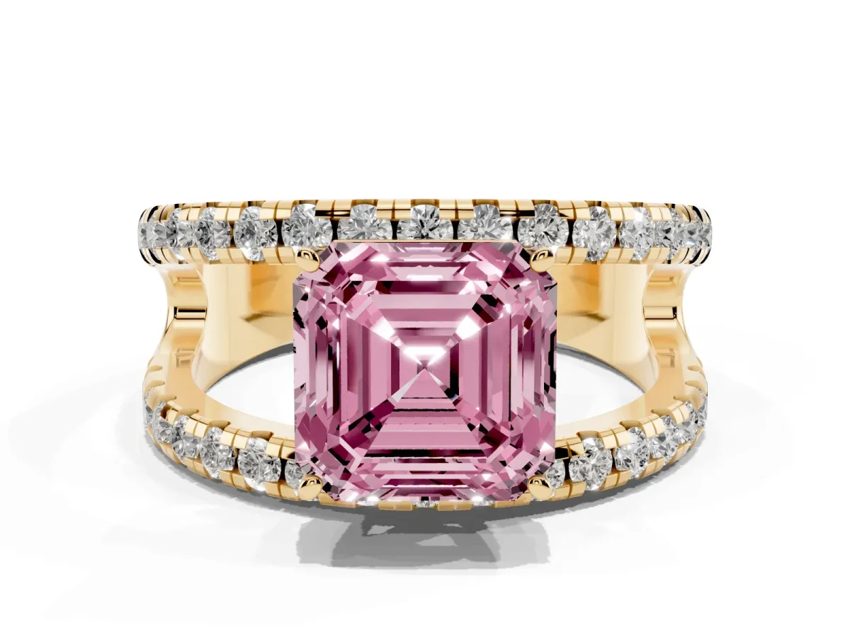 Fancy Pink Asscher Cut Solitaire Split Shank Pave Diamond Ring Yellow gold
