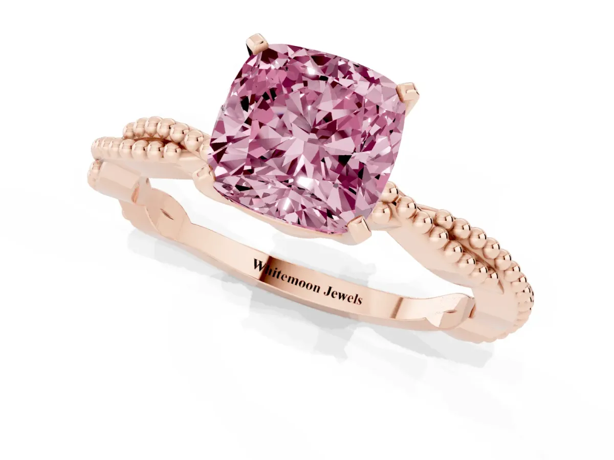 Fancy Pink Cushion Cut Solitaire Twisted Band with Bead Prong Setting Rose gold