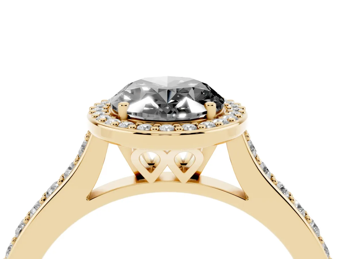 Fancy Black Oval Cut Diamond Halo Engagement Ring with Round Pavé Shoulders and Prong Setting Yellow gold