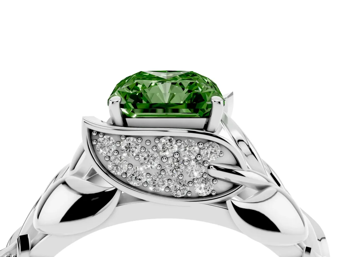 Fancy Green Radiant Cut Diamond Leaf-Inspired Engagement Ring with Round Accents and Prong Setting White gold