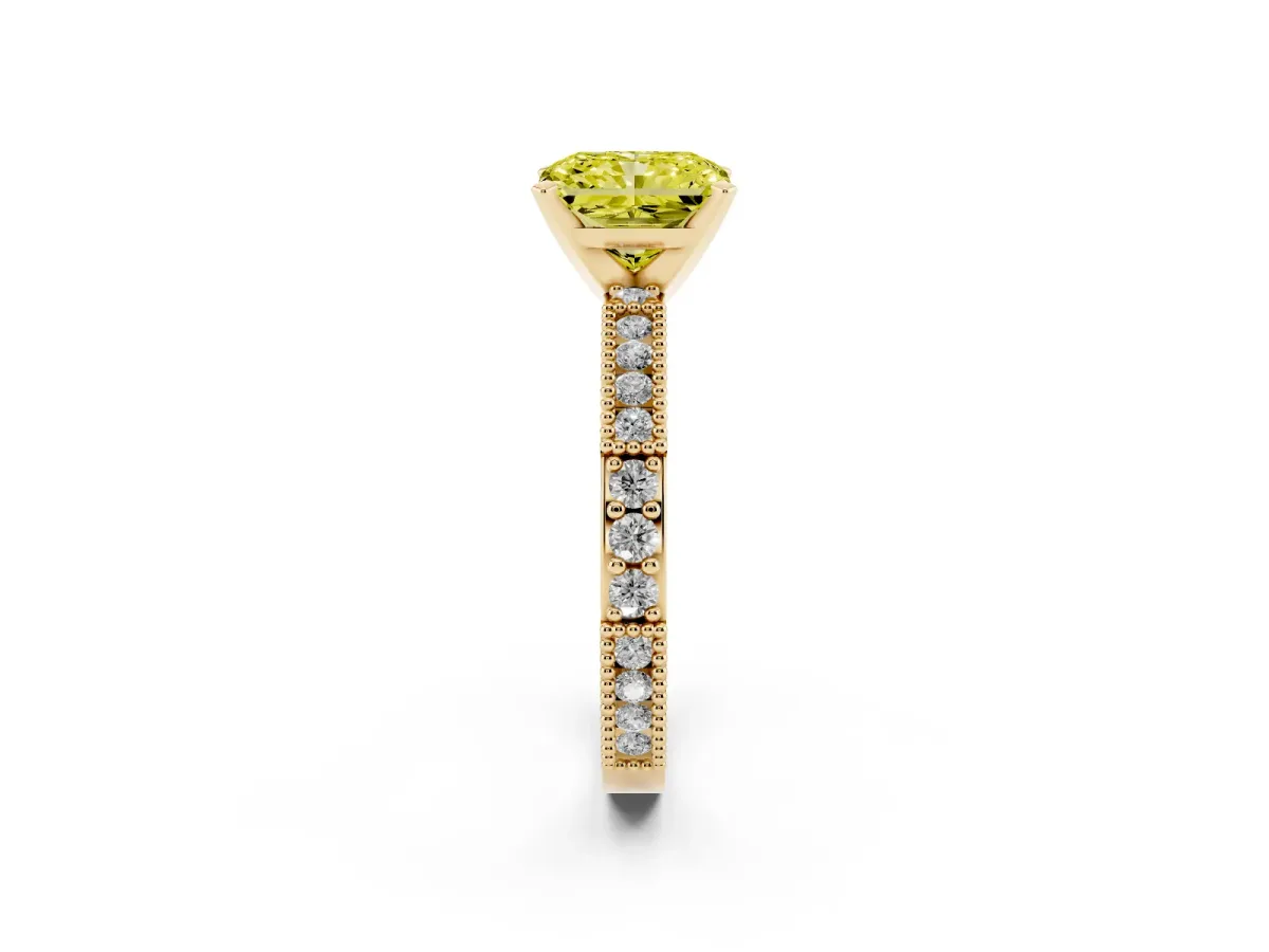 Fancy Yellow Radiant Cut Solitaire with Pavé Band and Four-Prong Setting Yellow gold