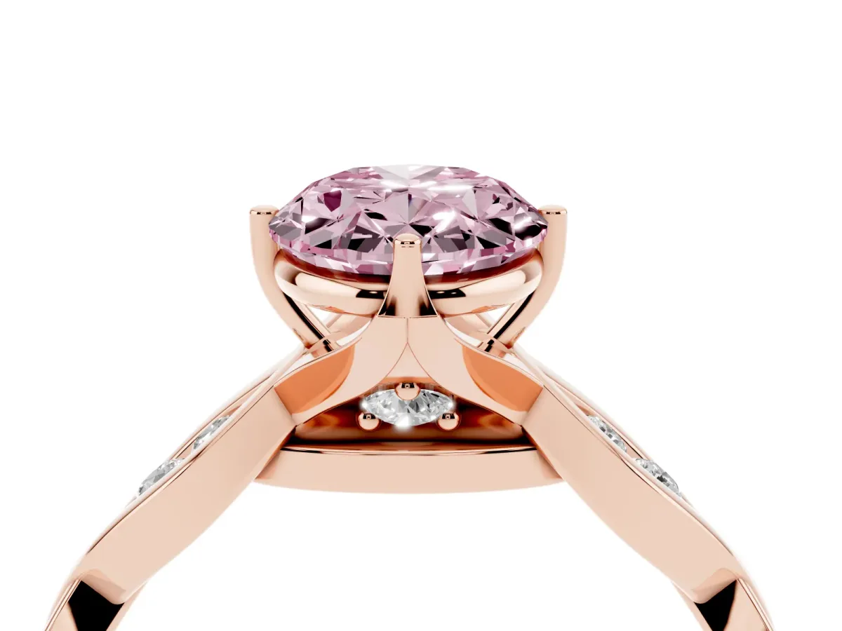 Fancy Pink Oval Cut Solitaire Twist Band with Leaf Prong Setting Rose gold