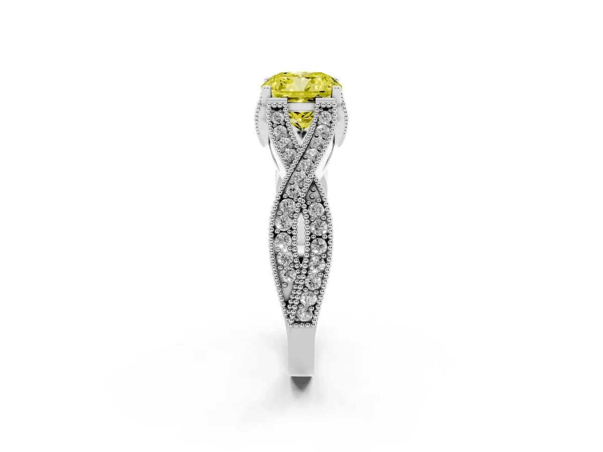 Fancy Yellow Cushion Cut Cut Diamond Twisted Band with Milgrain Pave Setting and Four-Prong Setting White gold