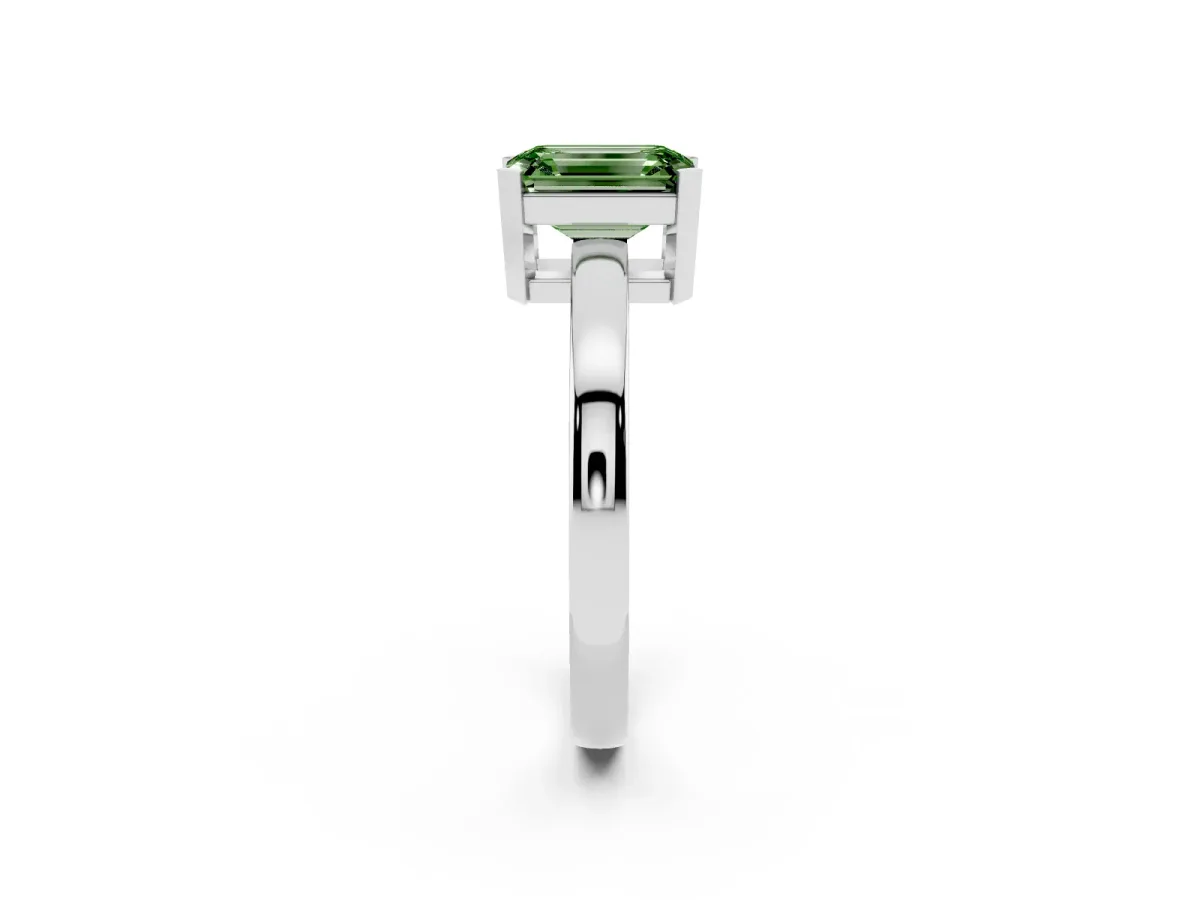 Fancy Green Emerald Cut Cut Solitaire Ring with Four-Prong Setting and Classic Band Platinum
