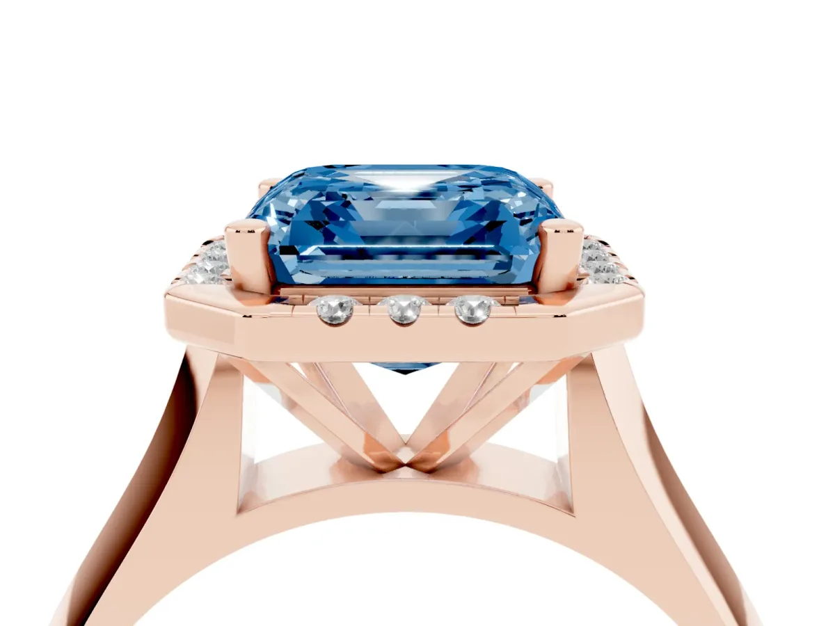 Fancy Blue Asscher Cut Cut Halo Solitaire Engagement Ring with Square Band and Four-Prong Setting Rose gold