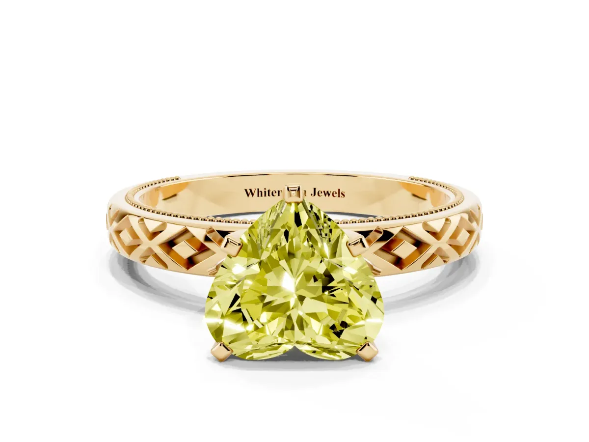 Fancy Yellow Heart Cut Solitaire Diamond Ring with Milgrain and Black Enamel X Pattern Band Yellow gold