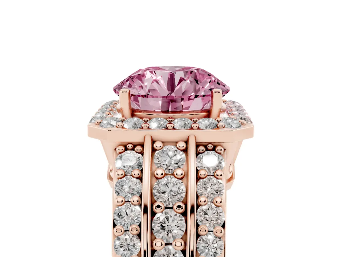 Fancy Pink Round Cut Halo Diamond Ring with Round Split Shank and Prong Setting Rose gold