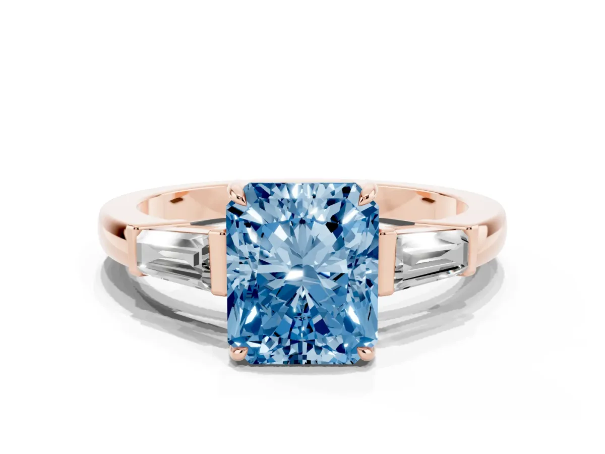 Fancy Blue Radiant Cut Diamond Three-Stone Ring with Tapered Baguette Side Stones and Prong Setting Rose gold