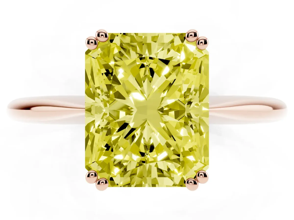 Fancy Yellow Radiant Cut Solitaire Diamond Ring with Six-Prong Setting and Classic Band Rose gold