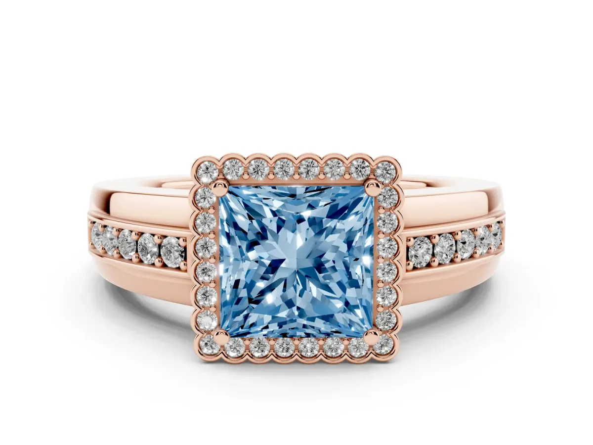 Fancy Blue Princess Cut Cut Halo Pave Band Four-Prong Ring Rose gold