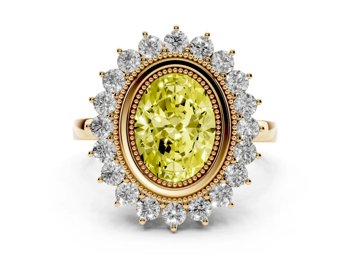 Fancy Yellow Oval Cut Halo Diamond Ring with Milgrain Edge and Round Prong Setting Yellow gold