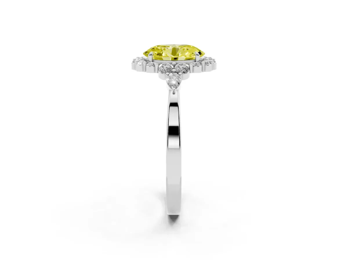 Fancy Yellow Oval Cut Diamond Halo Ring with Pear Side Stones and Prong Setting Silver