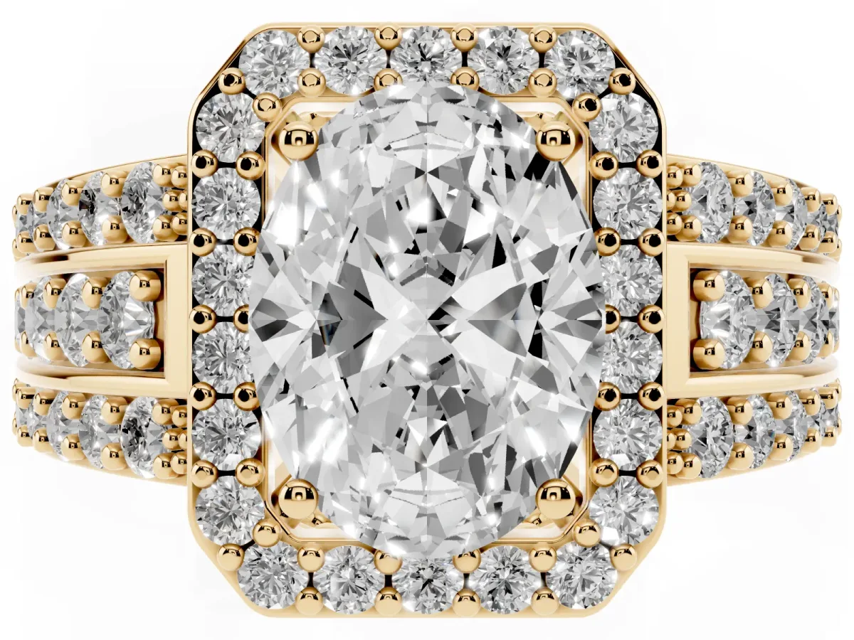 Oval Cut Halo Diamond Ring with Round Split Shank and Prong Setting Yellow gold