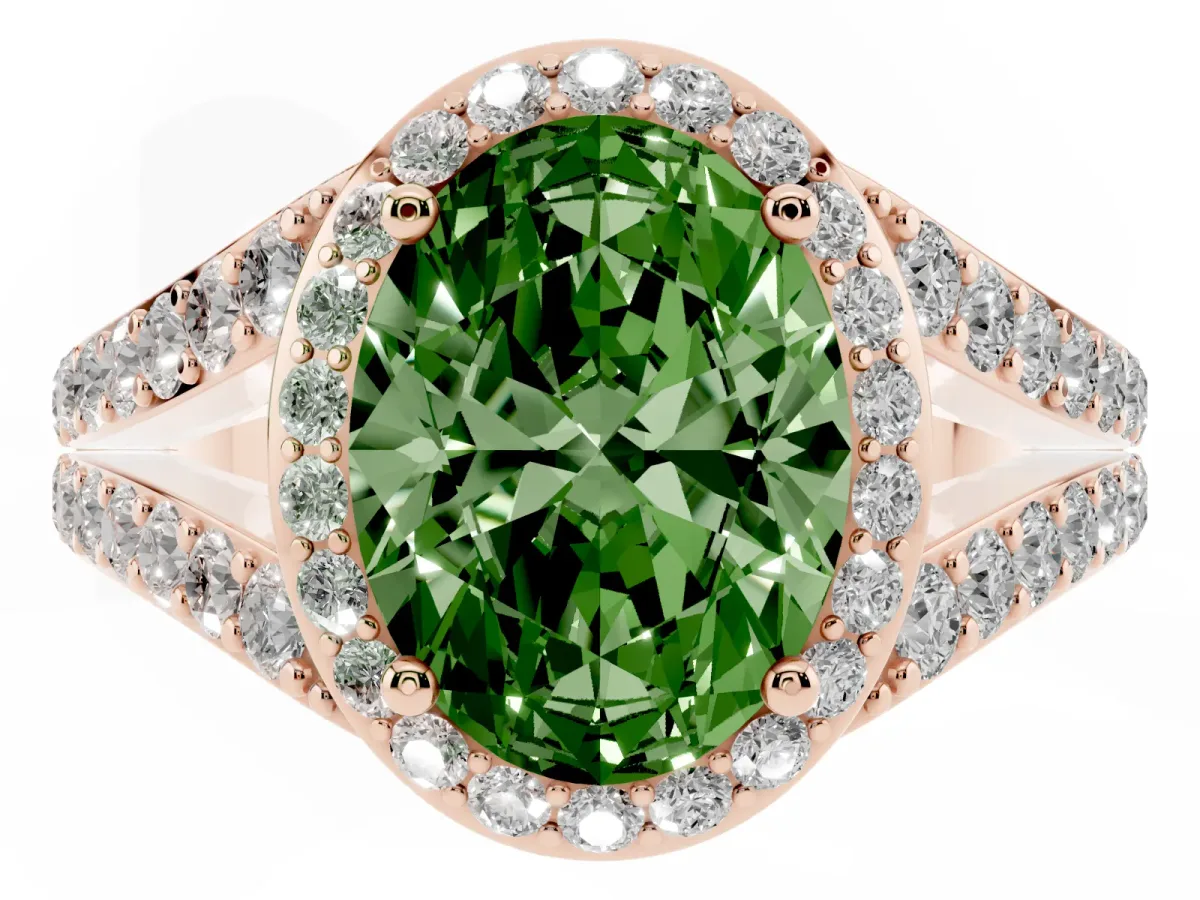 Fancy Green Oval Cut Diamond Split Shank Halo Ring with Four-Prong Setting Rose gold