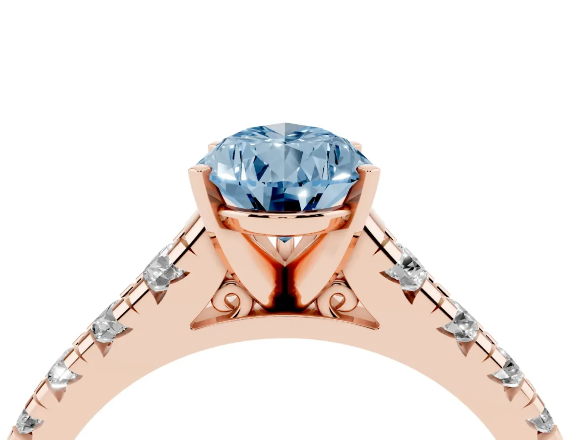 Fancy Blue Pear Cut Diamond Cathedral Solitaire Ring with Round Pavé Band Rose gold