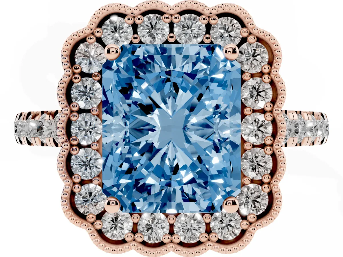Fancy Blue Radiant Cut Cut Diamond Milgrain Floral Halo Engagement Ring with Pavé Band Rose gold