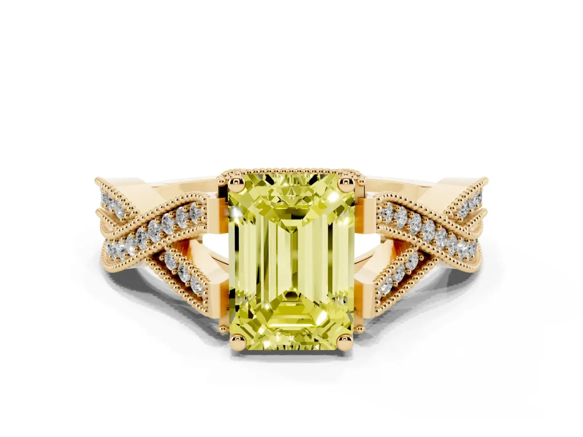Fancy Yellow Emerald Cut Cut Diamond Twisted Band with Milgrain Pave Setting and Four-Prong Setting Yellow gold