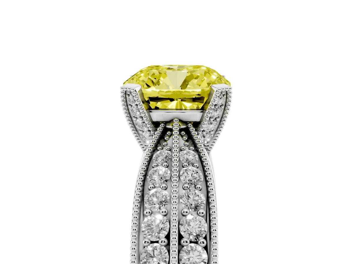 Fancy Yellow Cushion Cut Diamond Solitaire Ring with Milgrain Round Pavé Band and Prong Setting Silver