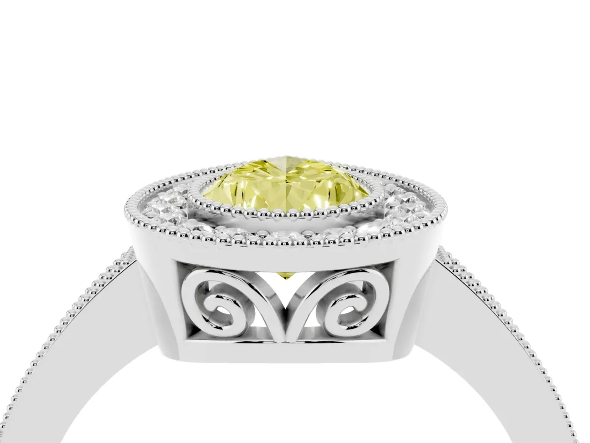 Fancy Yellow Pear Cut Cut Halo Diamond Ring with Pavé Band and Milgrain Prong Setting Silver