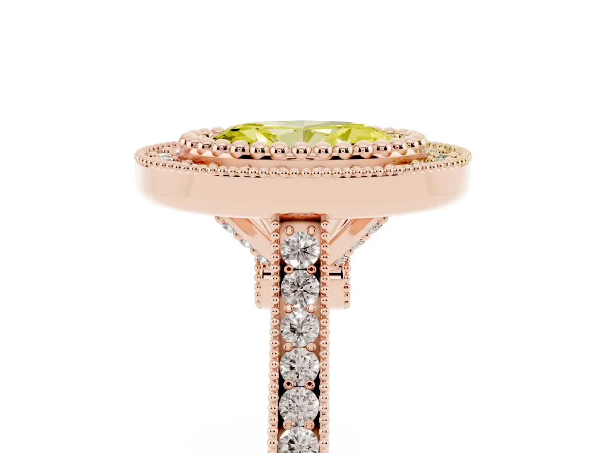 Fancy Yellow Oval Cut Diamond Halo Ring with Milgrain Frame and Pavé Band Rose gold