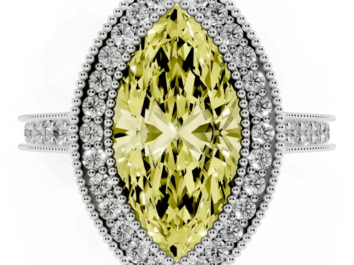 Fancy Yellow Halo Marquise Cut-Cut Diamond Pave Band Milgrain Prong Setting Ring White gold