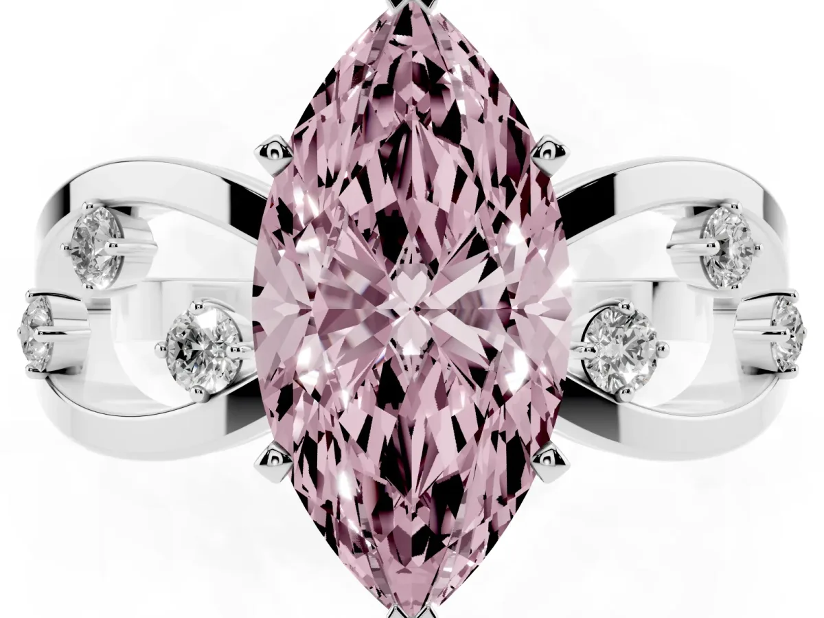 Fancy Pink Marquise Cut Cut Solitaire Diamond with Side Stones on Criss-Cross Band and Four-Prong Setting Platinum