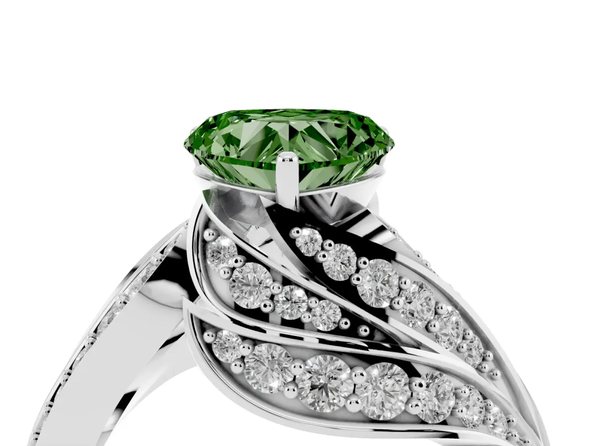 Fancy Green Heart Cut Diamond Solitaire Ring with Prong Setting and Twisted Pavé Band White gold