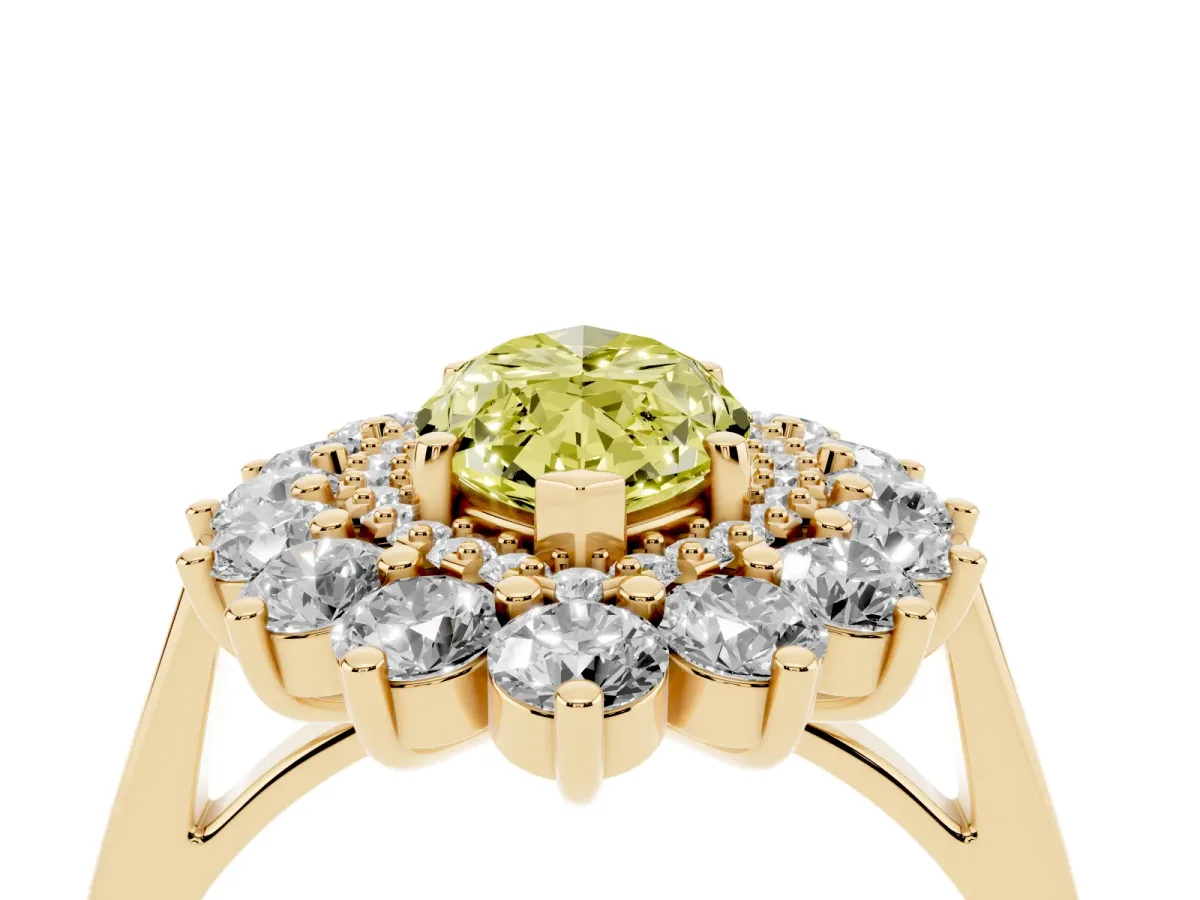 Fancy Yellow Marquise Cut Diamond Floral Double Halo Engagement Ring with Prong Setting Yellow gold