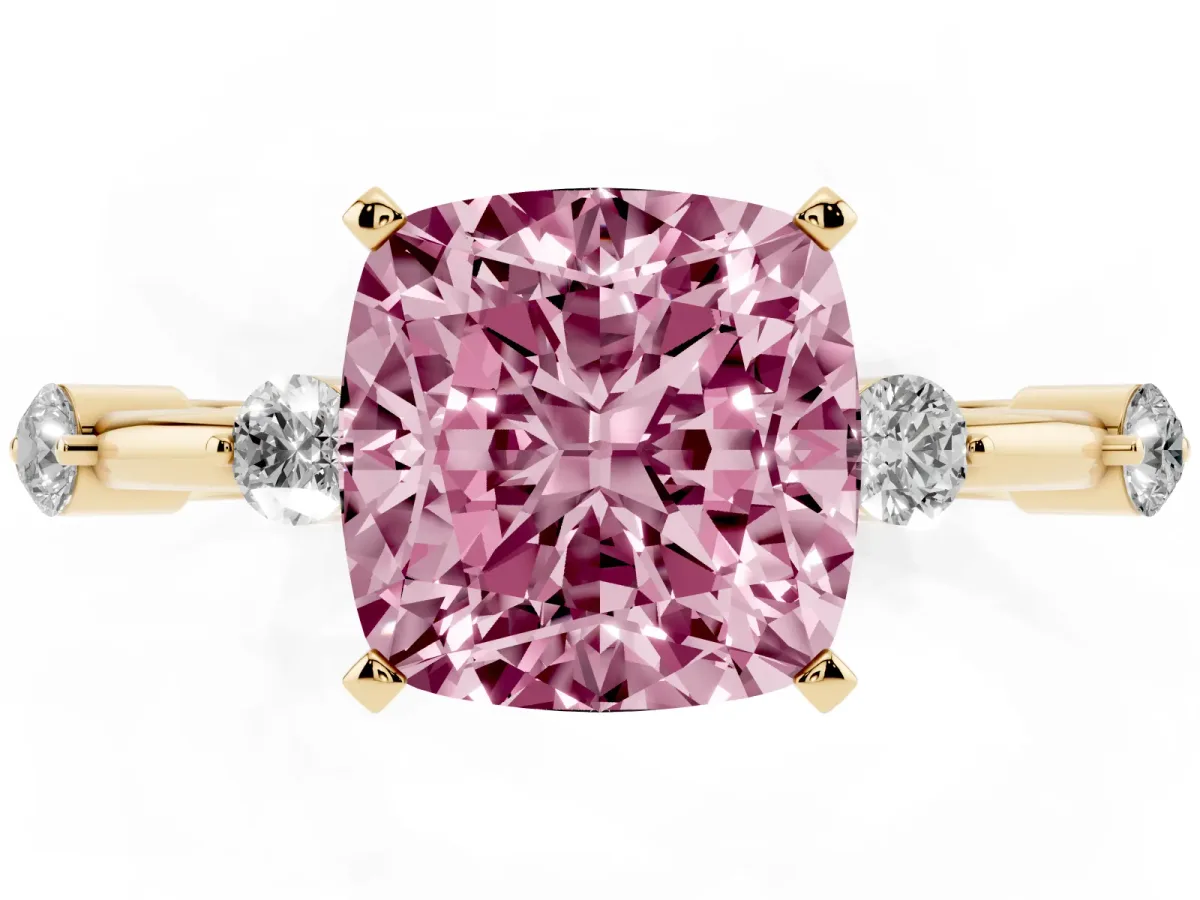 Fancy Pink Cushion Cut Solitaire Diamond Ring with Bezel Set Side Stones and Prong Setting Yellow gold