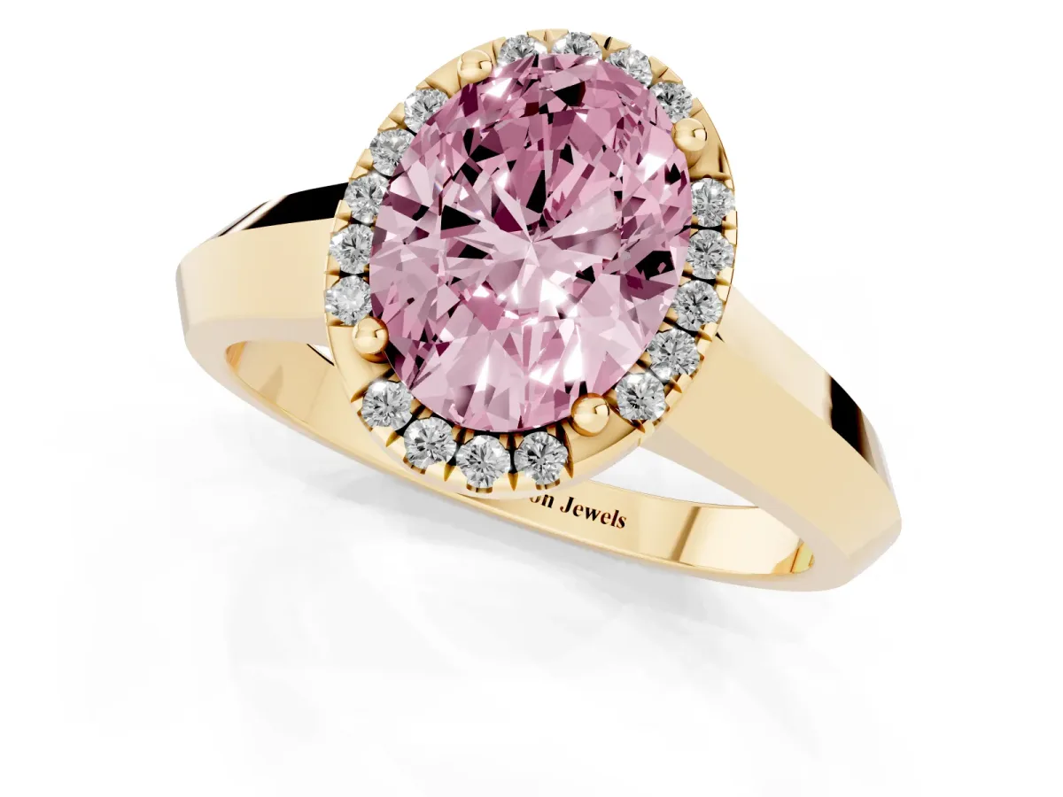 Fancy Pink Oval Cut Halo Diamond Ring with Cathedral Band and Four-Prong Setting Yellow gold