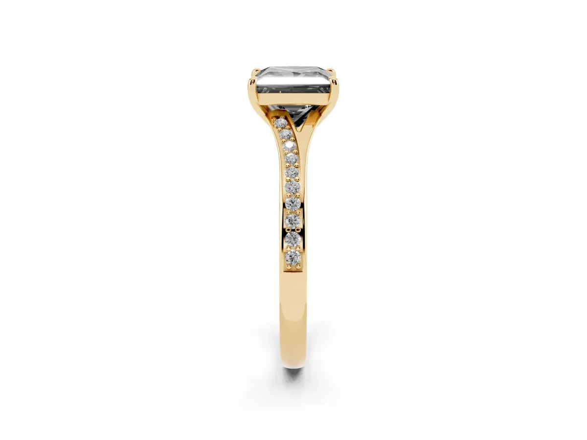 Fancy Black Princess Cut Diamond Solitaire Ring with Pavé Band and Prong Setting Yellow gold