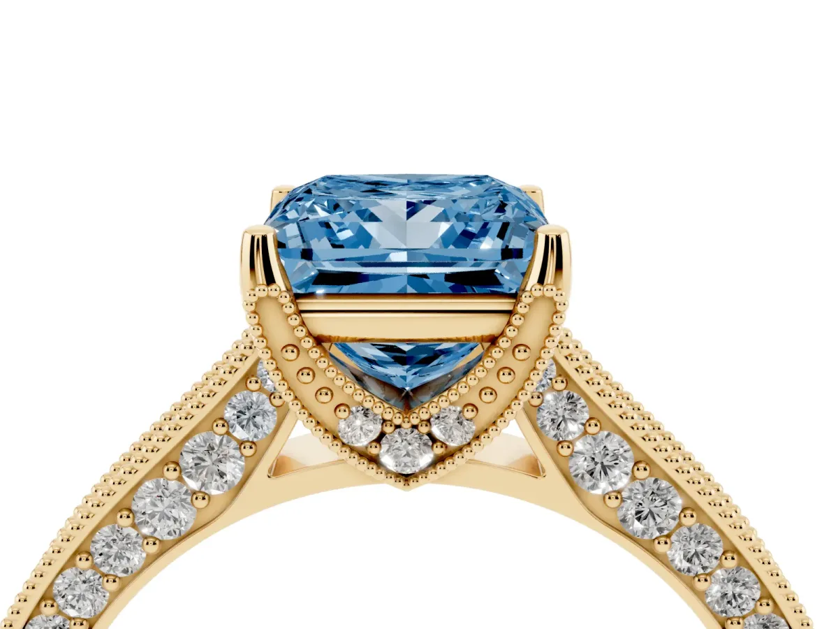 Fancy Blue Princess Cut Cut Diamond Solitaire Ring with Milgrain Pave Band and Four Prong Setting Yellow gold