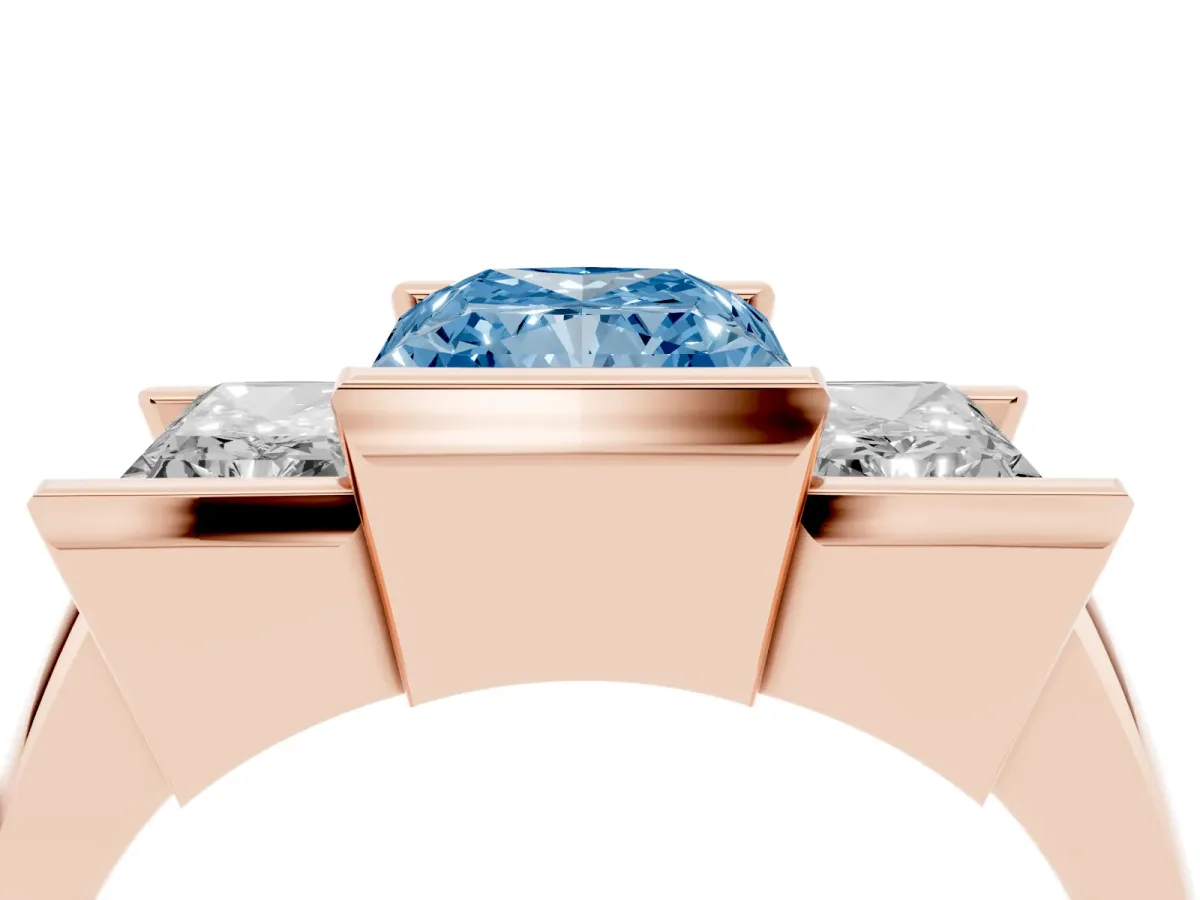 Fancy Blue Three Stone Radiant Cut Cut Channel Set Diamond Ring Rose gold