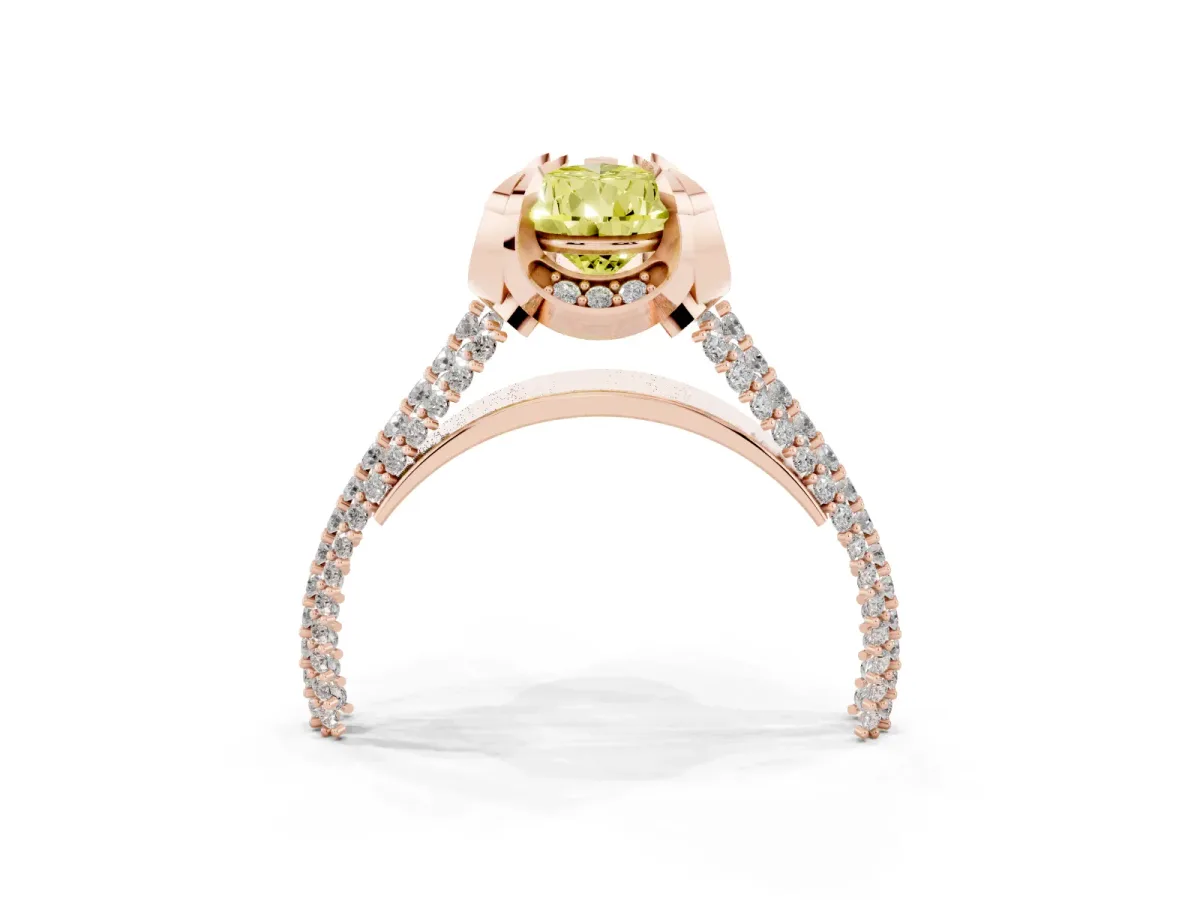 Fancy Yellow Pear Cut Solitaire Pave Split Shank Ring with Four-Prong Setting Rose gold