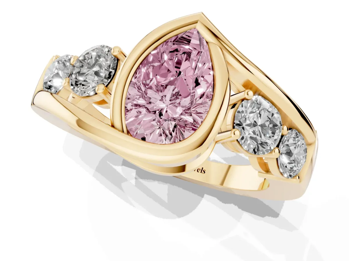Fancy Pink Bezel Set Pear Cut Diamond Bypass Ring with Round Accents Yellow gold