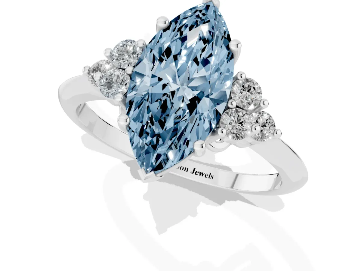 Fancy Blue Marquise Cut Cut Diamond Cluster Ring with Solitaire Band and Four-Prong Setting Silver