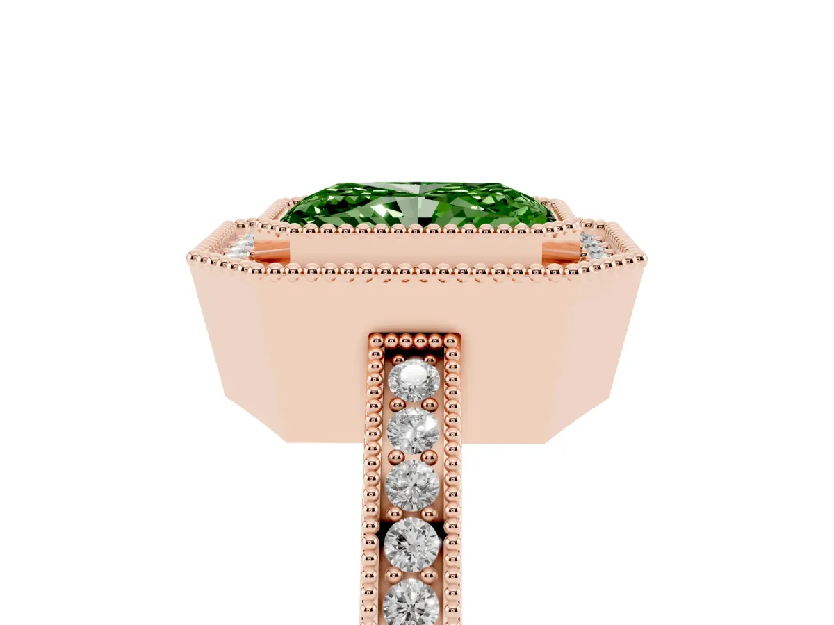 Fancy Green Radiant Cut Cut Halo Diamond Ring with Pavé Band and Milgrain Prong Setting Rose gold