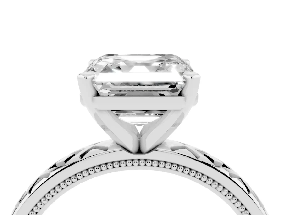 Asscher Cut Solitaire Diamond Ring with Milgrain and Black Enamel X Pattern Band Silver