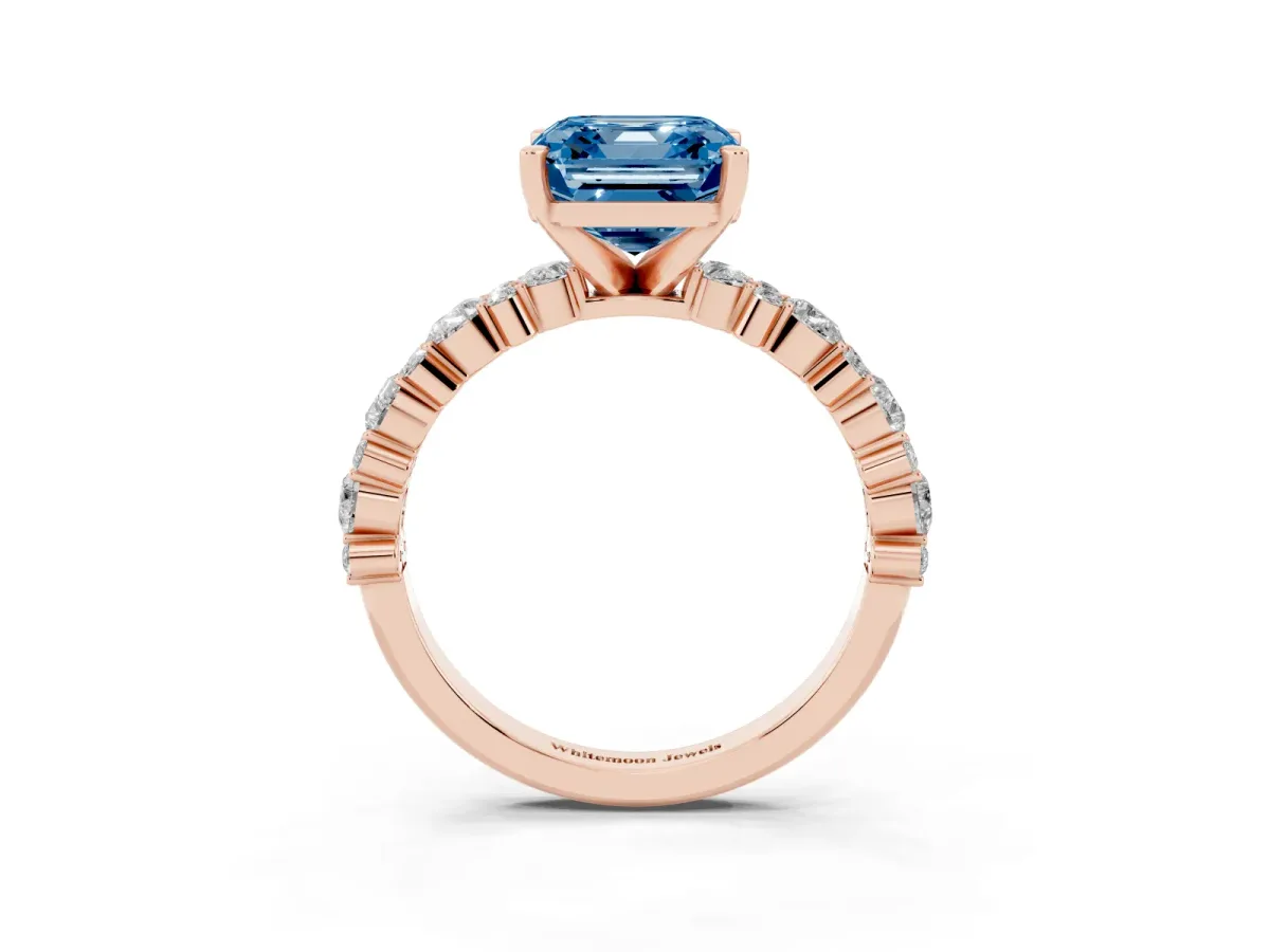 Fancy Blue Asscher Cut Diamond Side Stone Solitaire Ring with Round and Four-Prong Setting Rose gold