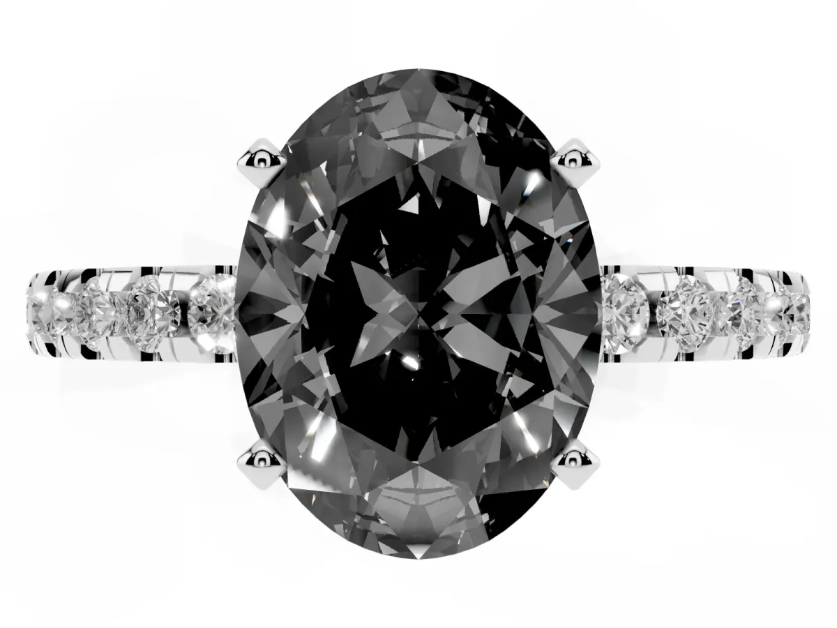 Fancy Black Oval Cut Diamond Solitaire Ring with Round Pavé Band and Four-Prong Setting Silver