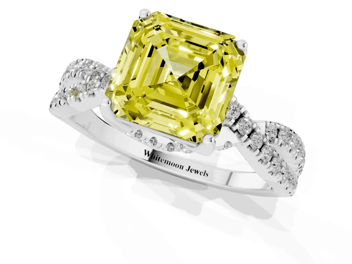 Fancy Yellow Asscher Cut Solitaire Twist Pave Diamond Engagement Ring with Prong Setting Silver